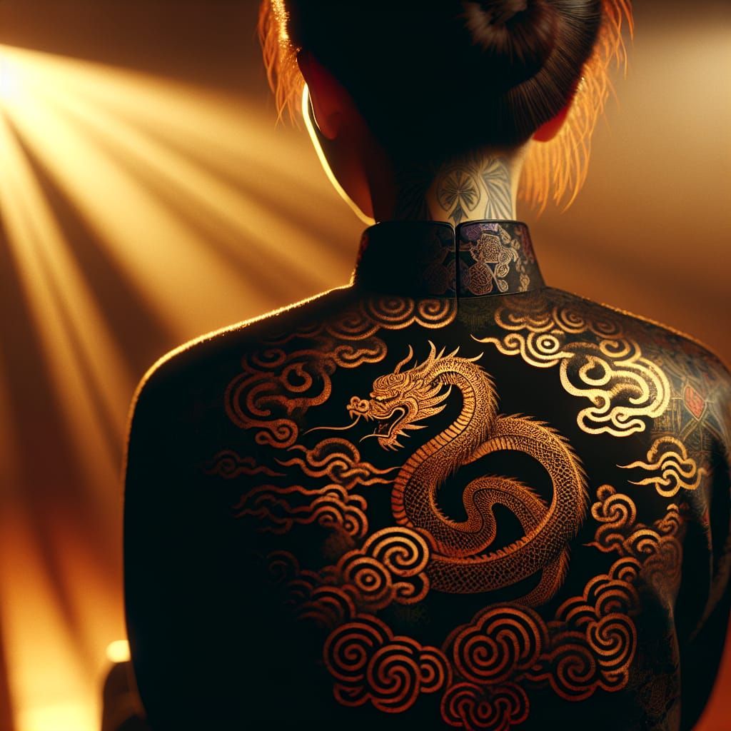 Chinese Woman's Mystical Snake Tattoo in Warm Ambient Light
