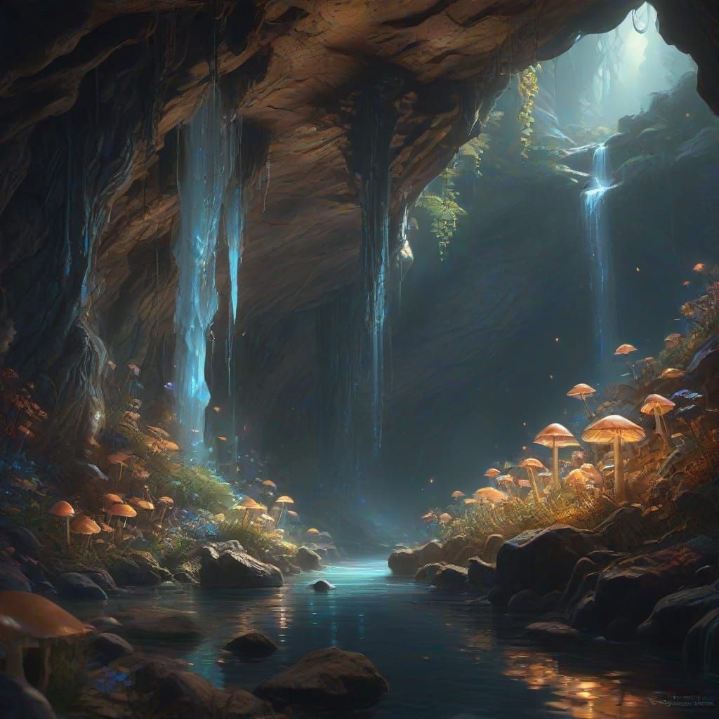 Bioluminescent Cave with Waterfall in Kinkade Style