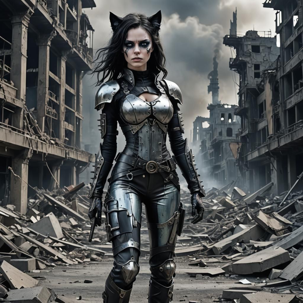 Gothic Feline Warrior in Dystopian Landscape