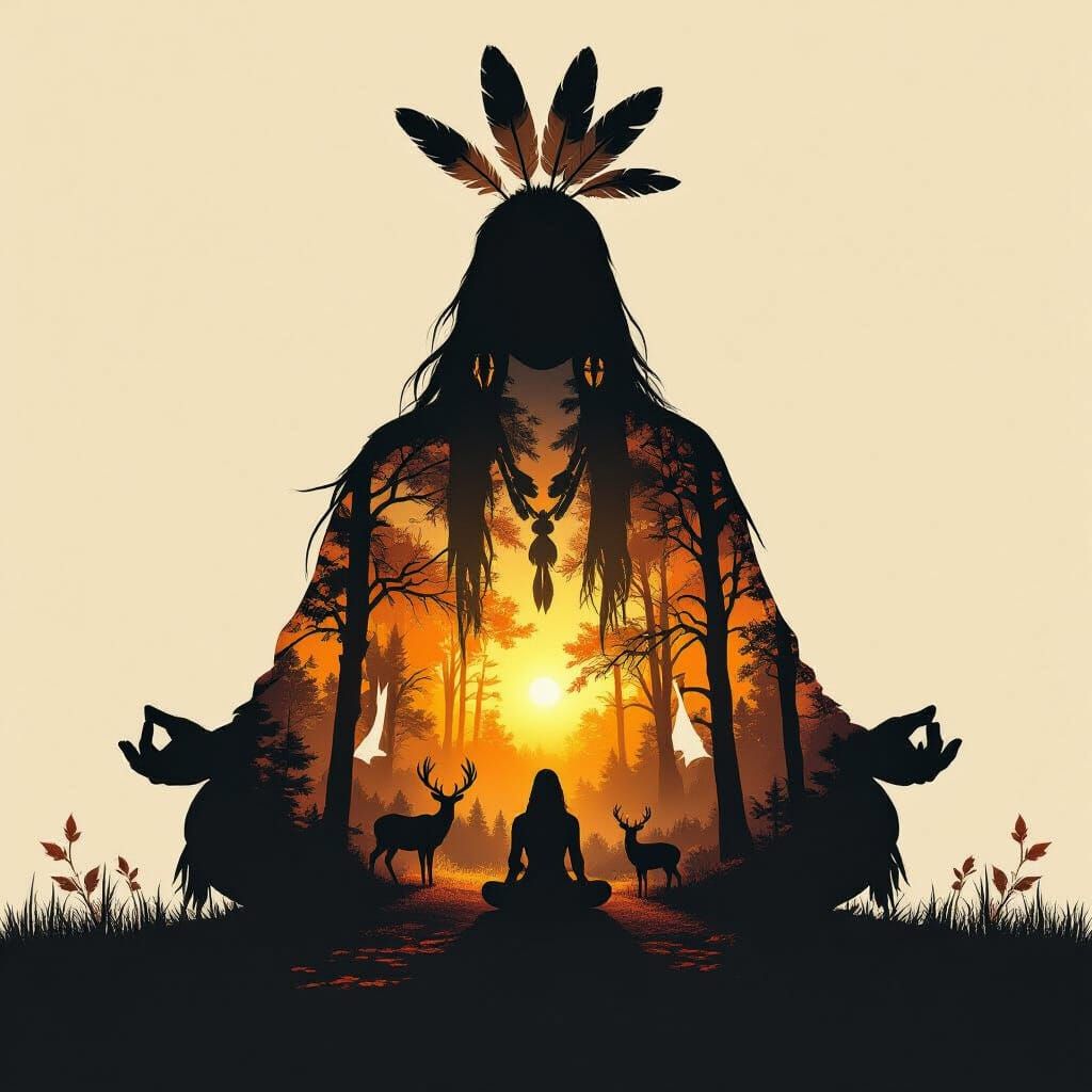 Native Spirit Guide Meditation in Autumn Forest Double Expos...