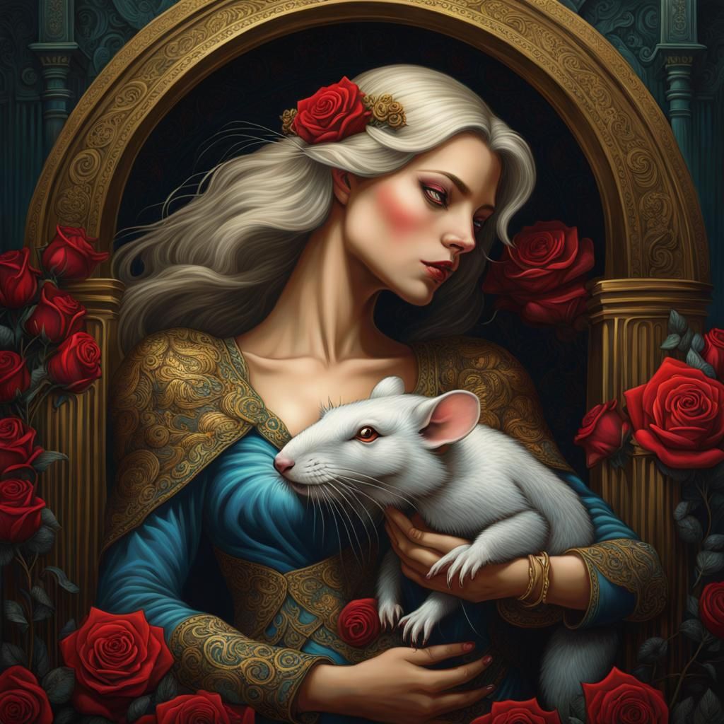 Sad princess with her eyes closed, holding a large rat and roses