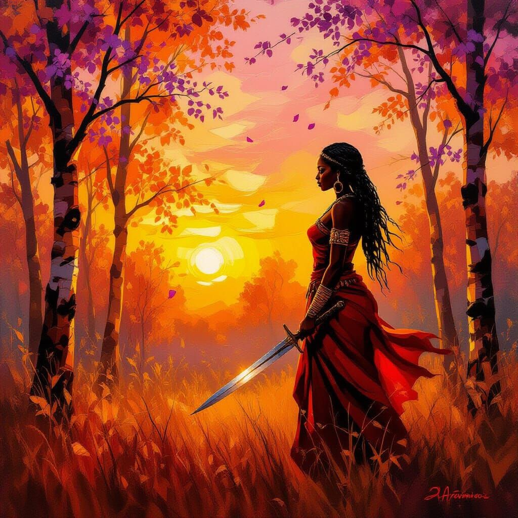 African Warrior Woman in Firelit Autumn Forest