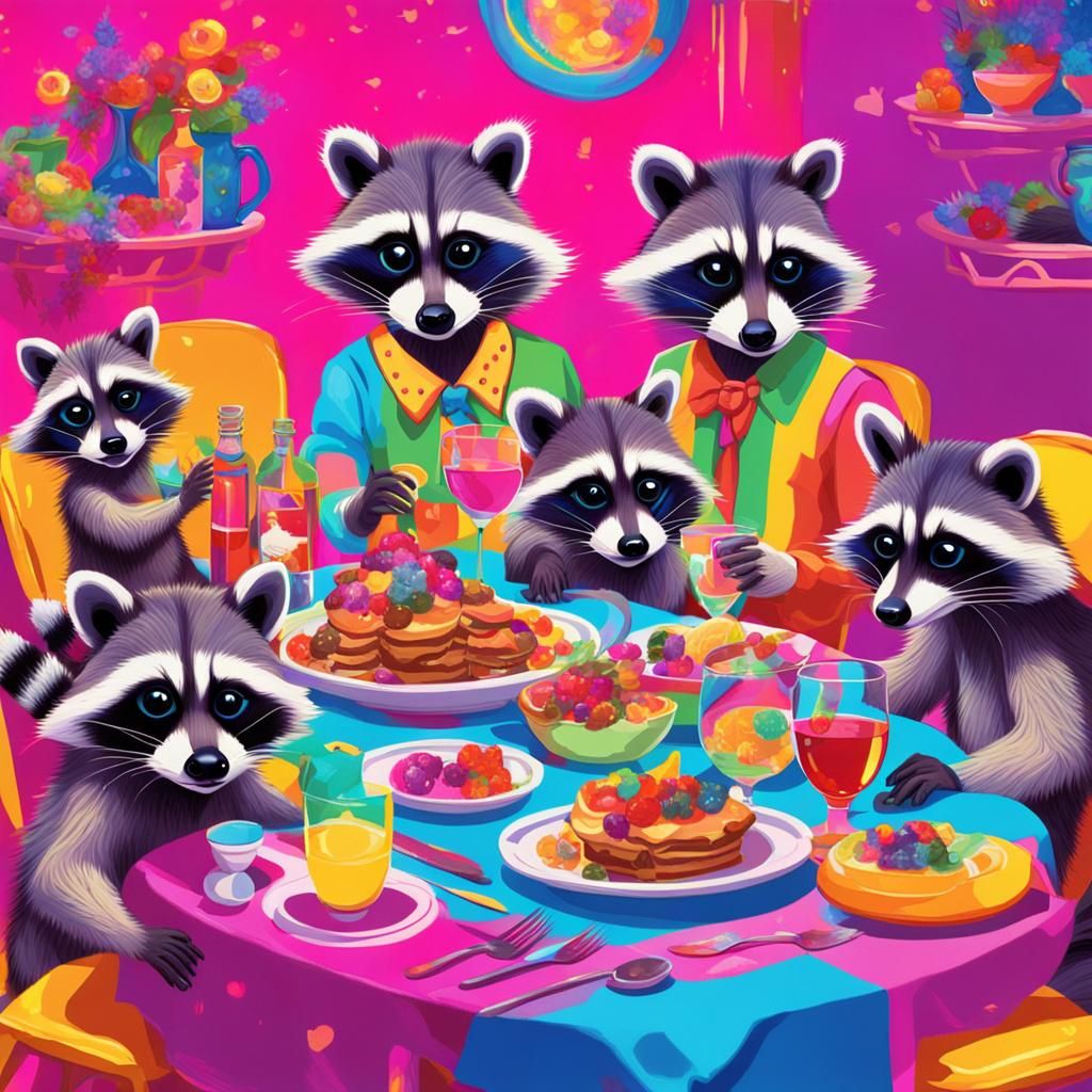 a pack of raccoons at a dinner party in the aesthetic style ...