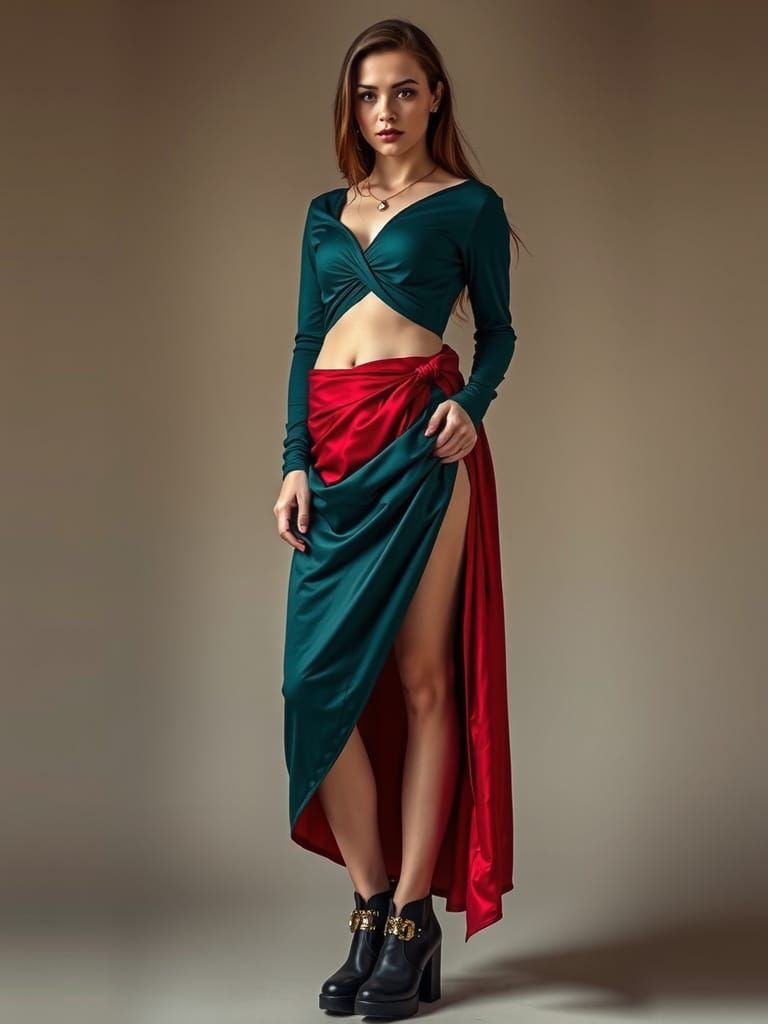 Emerald Green Victorian-Inspired Dress with Crimson Red Slit...