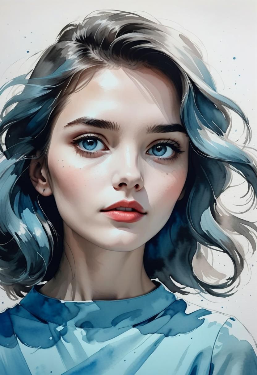 Elegant Woman in Blue Dress: Modern Ink Painting