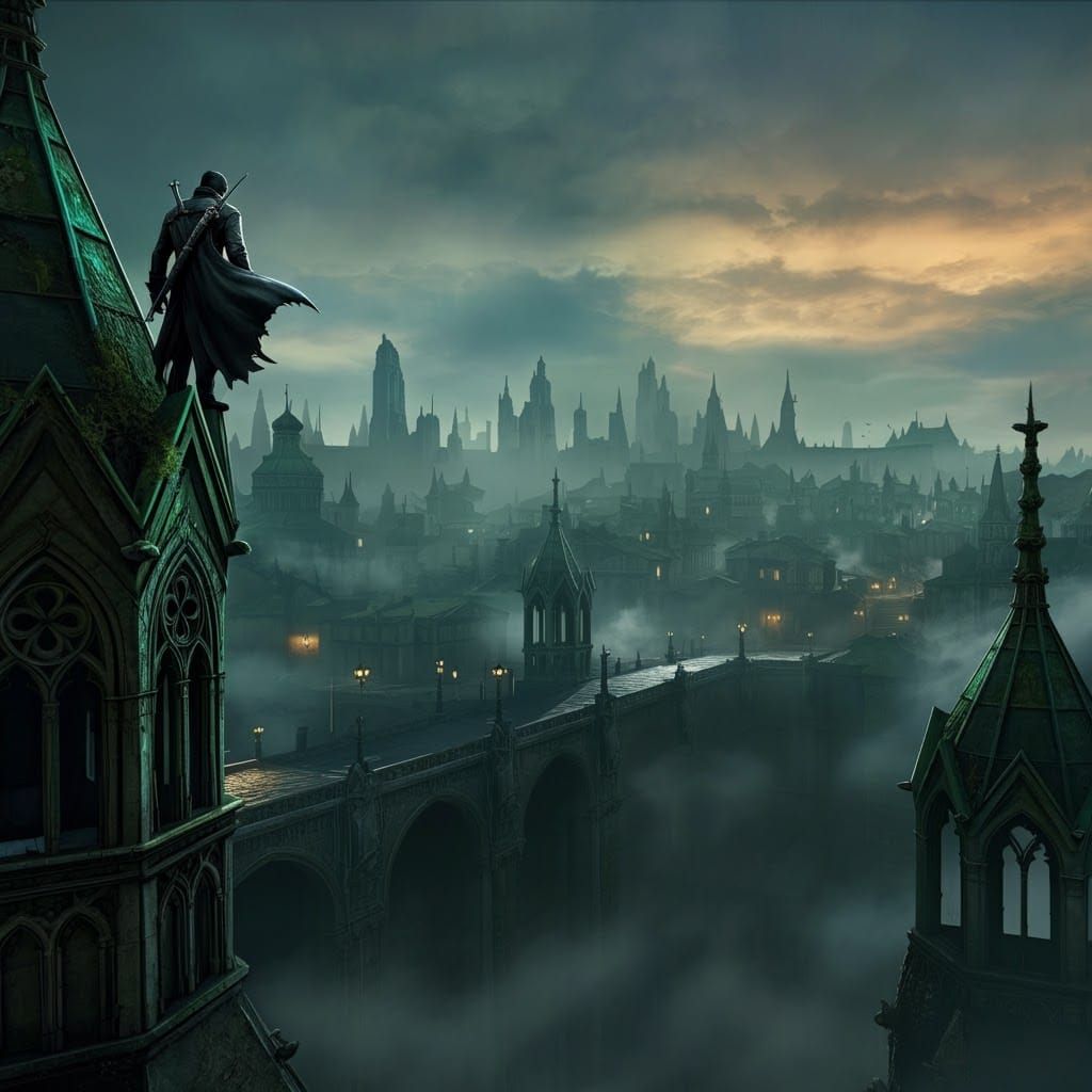 Cloaked Figure Overlooking Gothic Cityscape