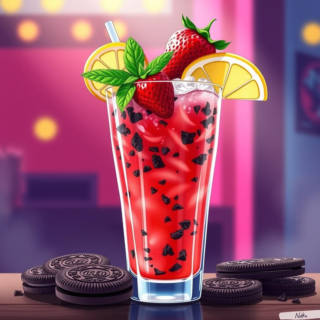 A strawberry lemonade with oreos mixed in and fruit garnish ...