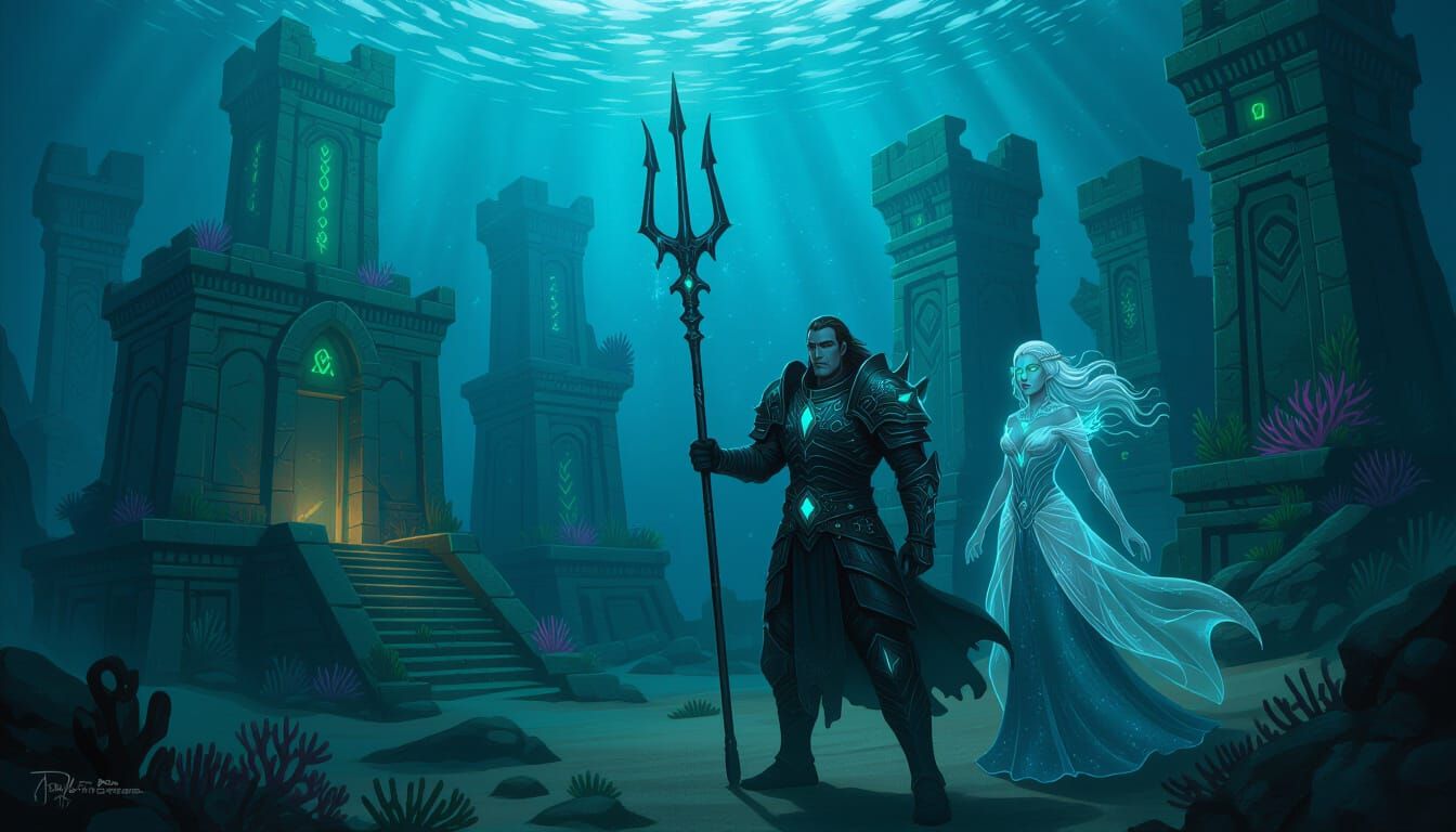 Dark Fantasy Underwater City Ruins with Warrior and Sorceres...