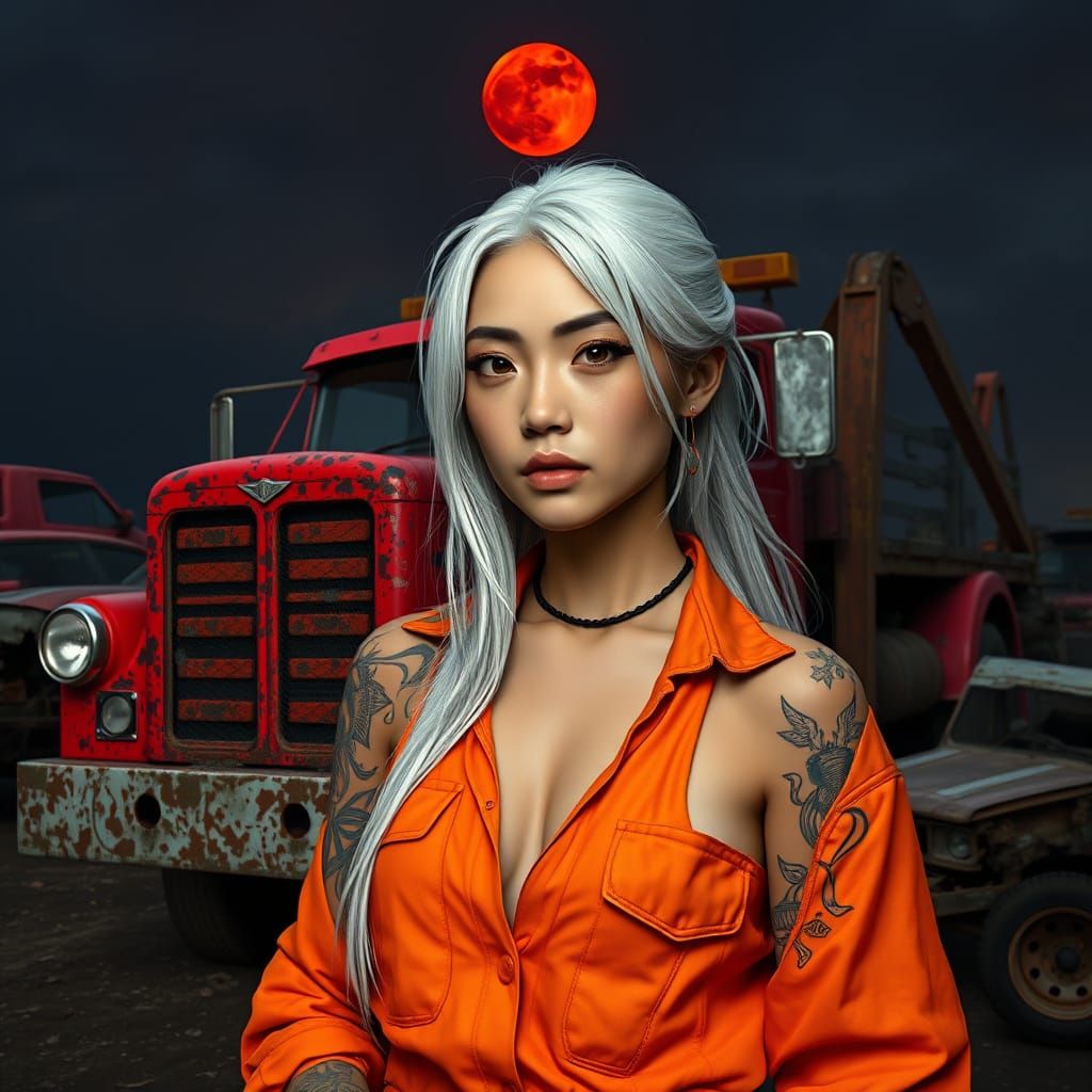 Vibrant Thai Girl in Orange Work Clothes, Standing Confident...