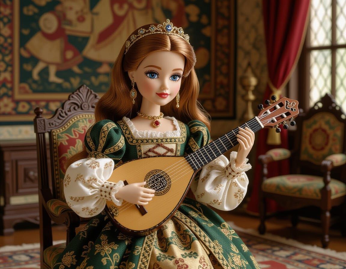 Tudor Girl Barbie Plays Lute in Renaissance Setting