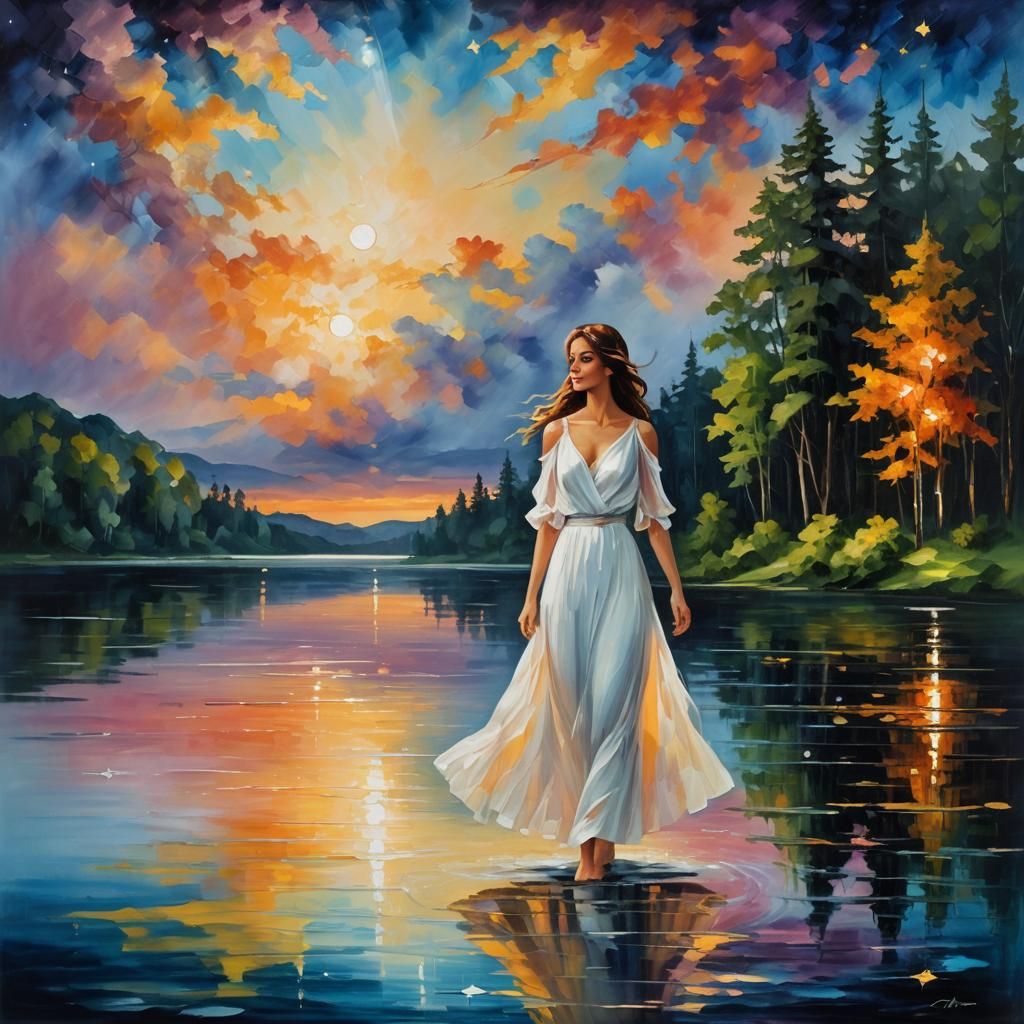 Woman at Lake Under Zaffre Sky, Impressionist Style