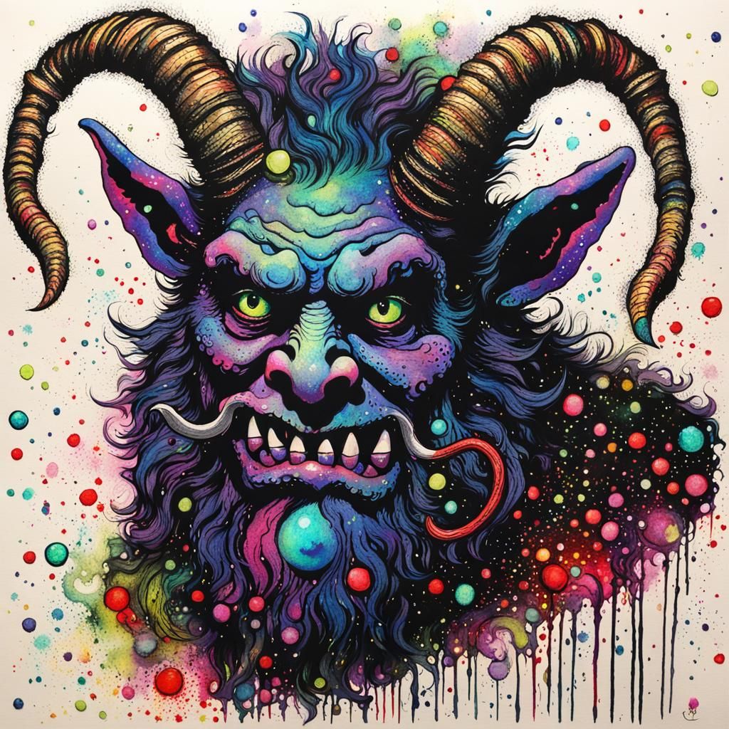 Whimsical Krampus in Pointillism, Contemporary Pen Art