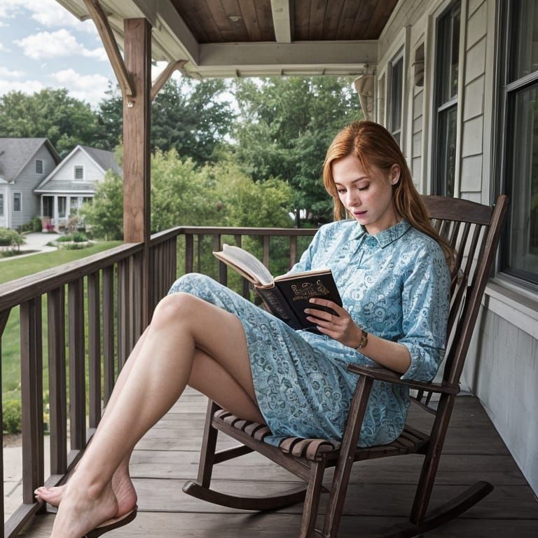 Woman Reading Comfortably on a Porch