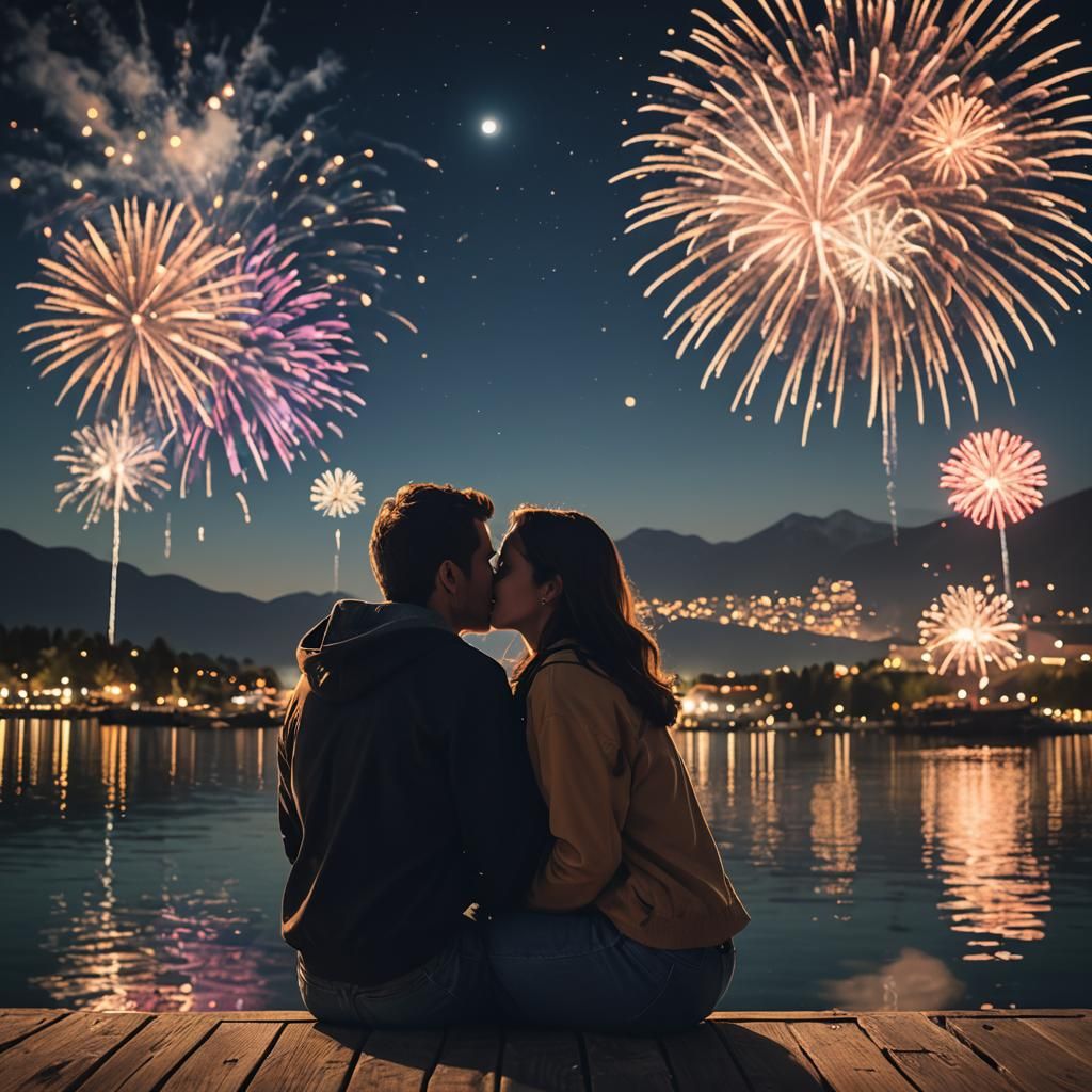 Romantic Fireworks Kiss at the Lake