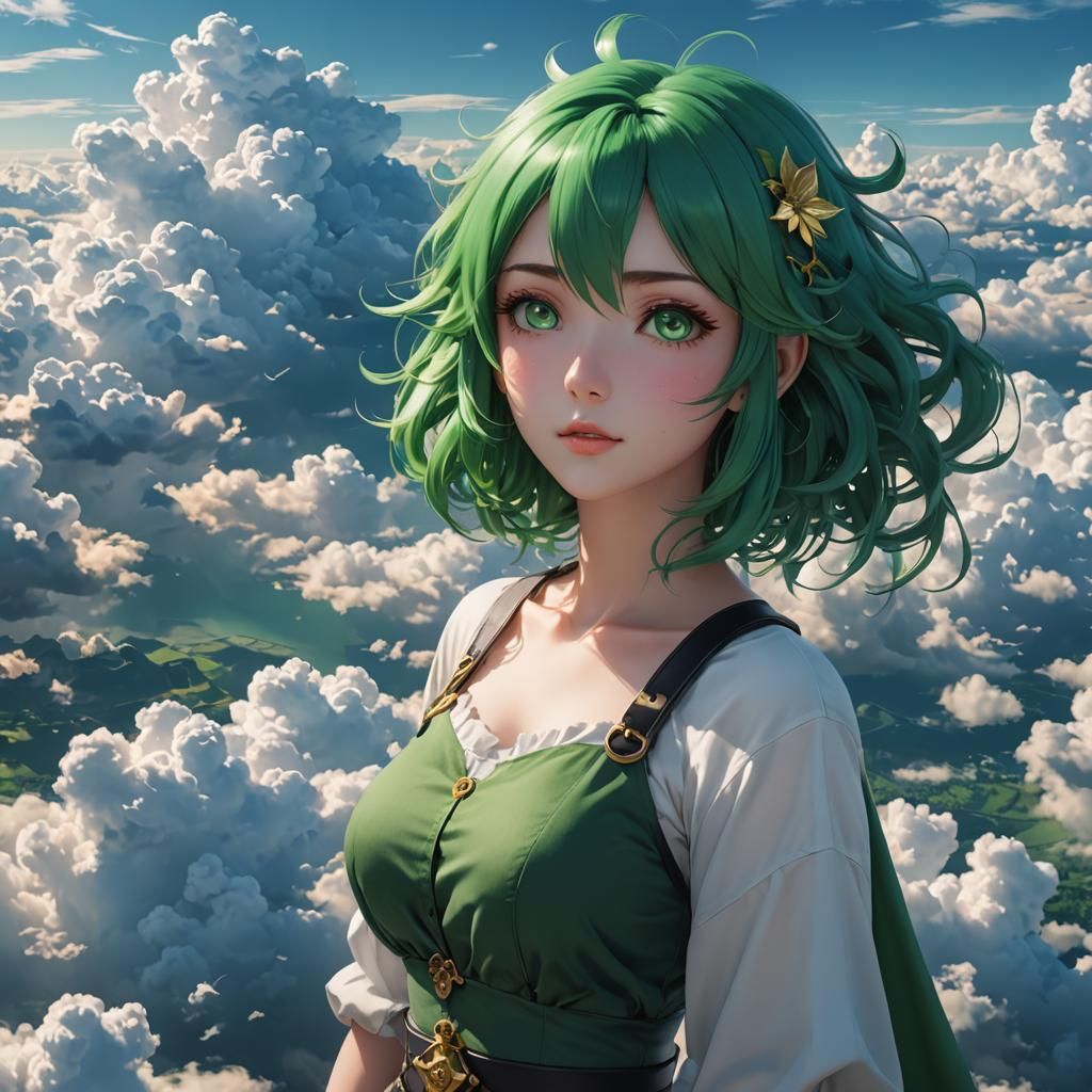 Anime Girl Floating in Clouds: 3D Render