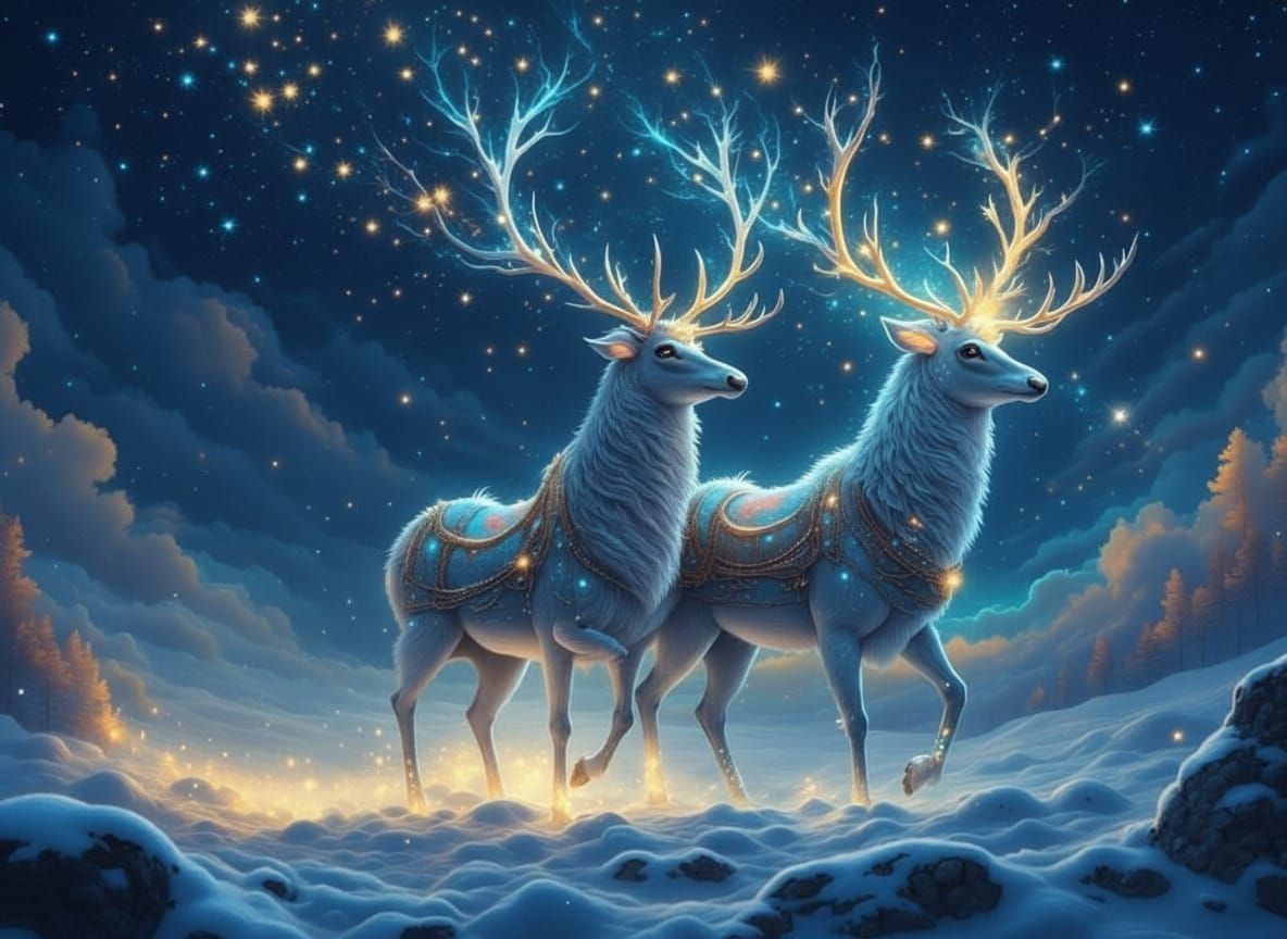 Celestial Reindeer Pulling Starry Sleigh in Dreamlike Sky