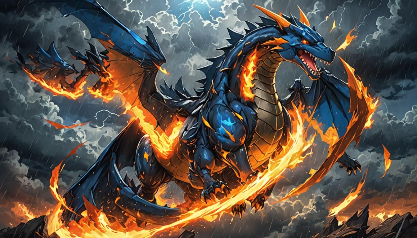 Mega Charizard X Soaring Through Stormy Skies