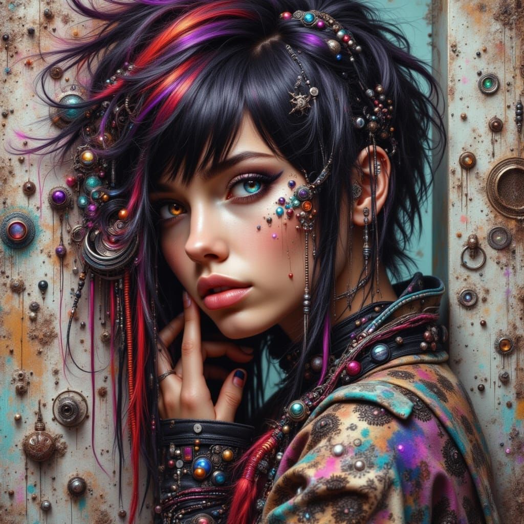 <lora:Murraypunk Flux:1.0> <lora:FiosMysticAura:1.0> Wet on wet oil painting of a beautiful teenage girl with deep textu...