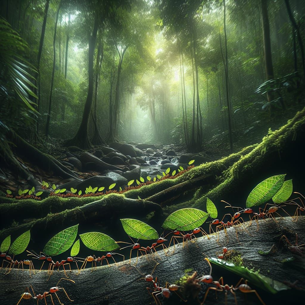 Leaf Cutter Ants Marching in Rainforest