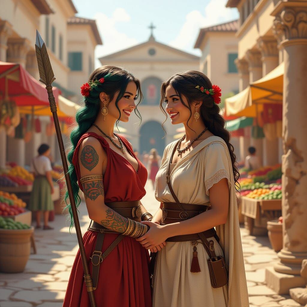 Roman Princess and Farmer Girl in Ancient Market