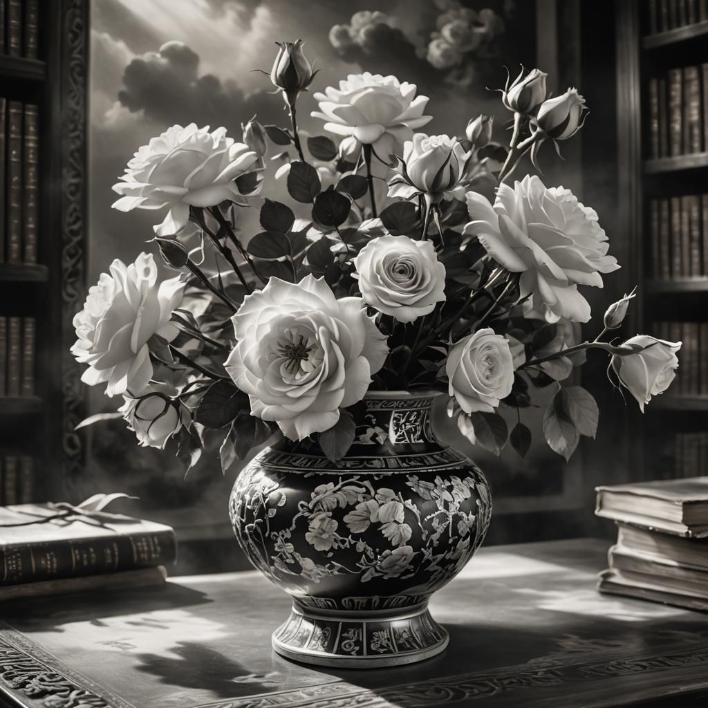 Baroque Still Life with Roses, Black and White