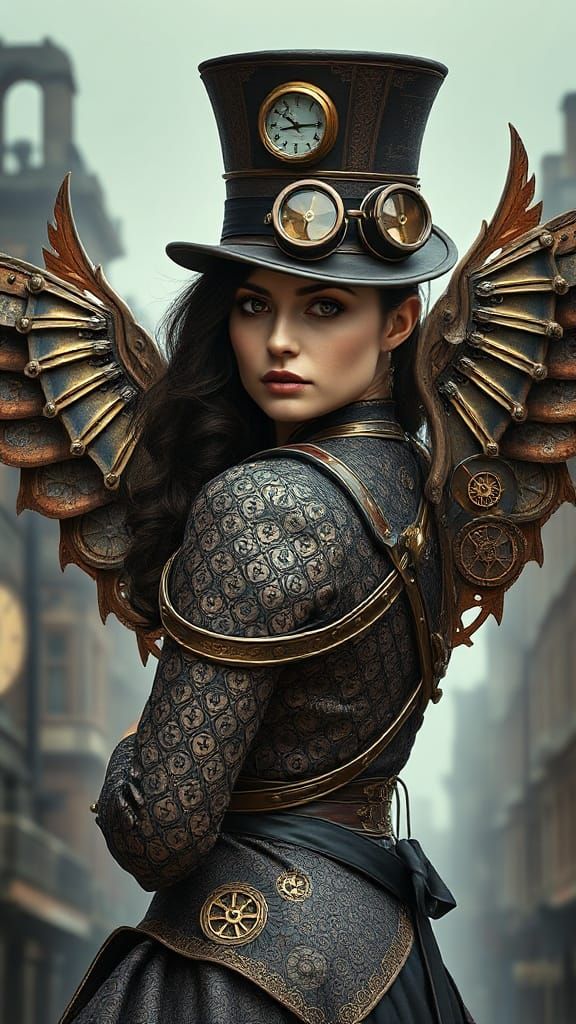 Victorian Steampunk Angel with Mechanical Wings