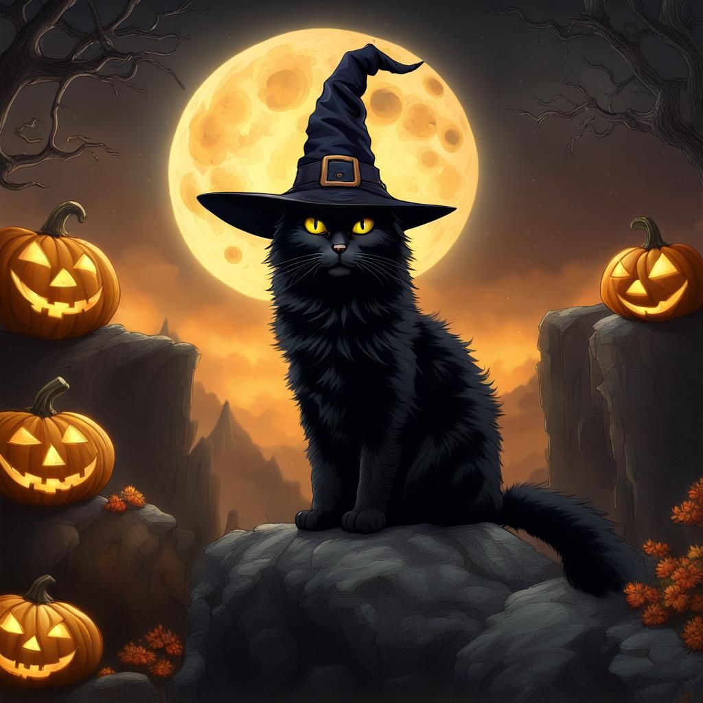 Cat in Witch Hat on Jack-o-Lantern at Night