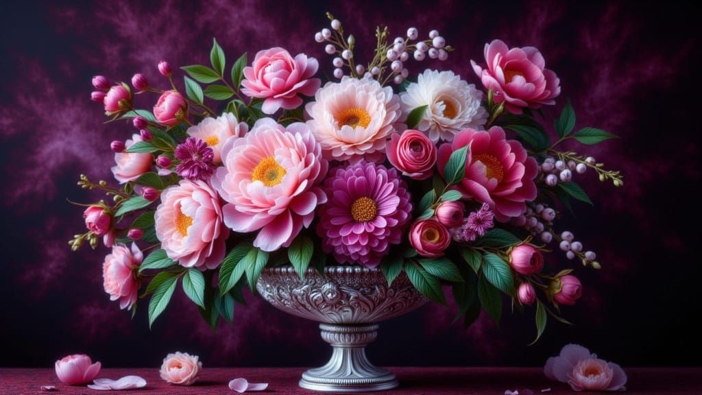 Floral Bouquet in Crystal Vase with Velvet Textures