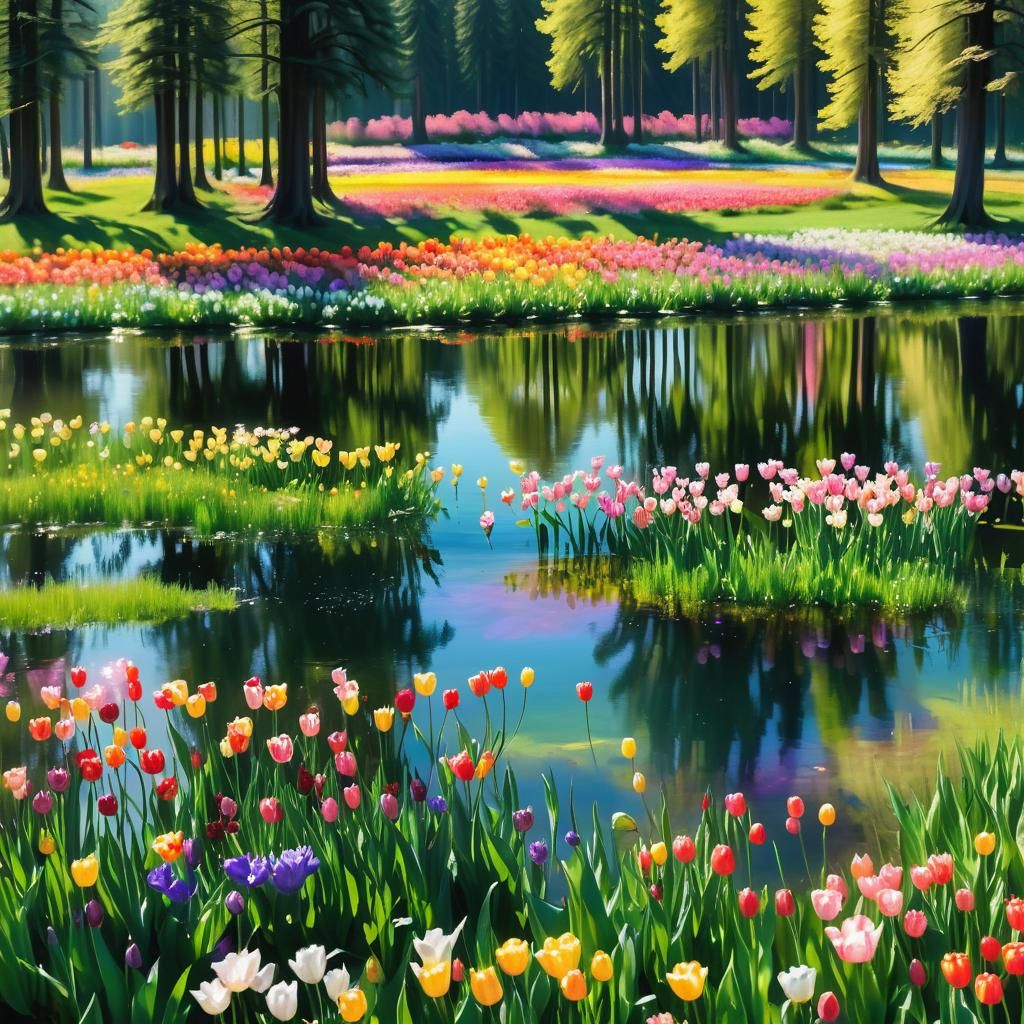 Impressionist Tulips Reflecting in Lake with Dancing Fairies