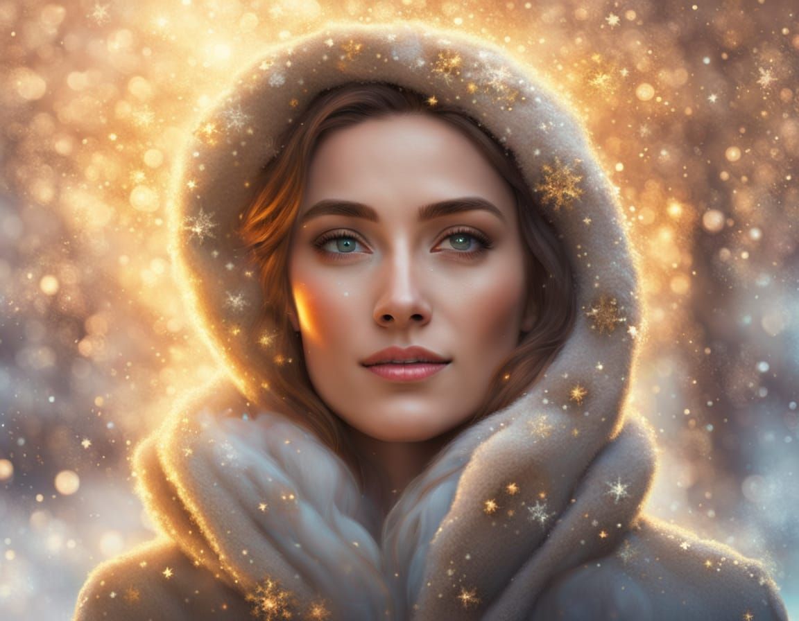 Serene Woman in Glowing Snowflakes, Fantasy Realism