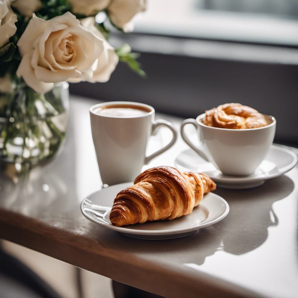 Coffee, Croissant, and Roses Still Life Photograph