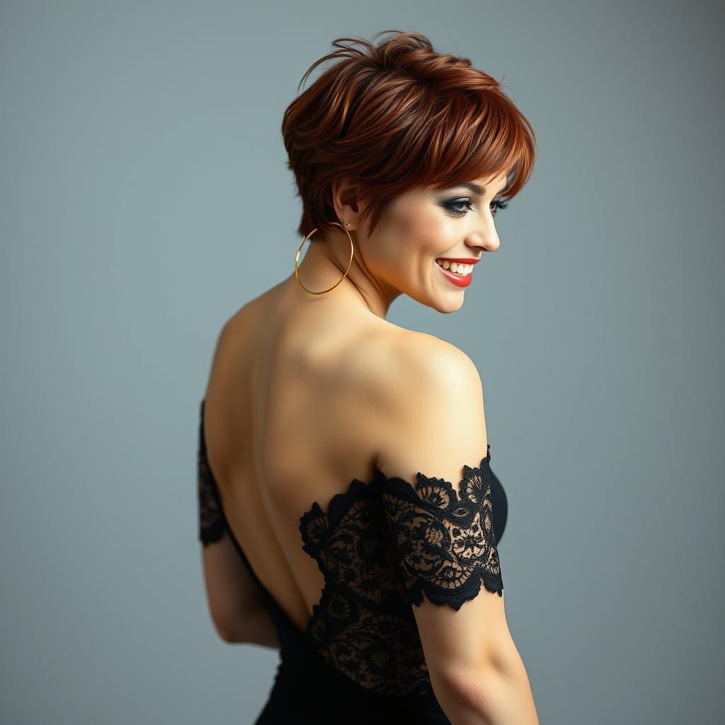 Woman in Elegant Black Lace Dress Smiles with Confidence