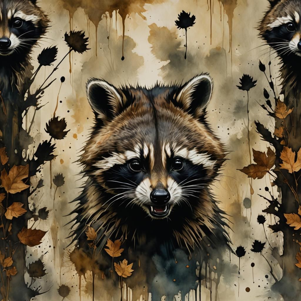 Raccoon Portrait with Detailed Inkblot Brush Strokes
