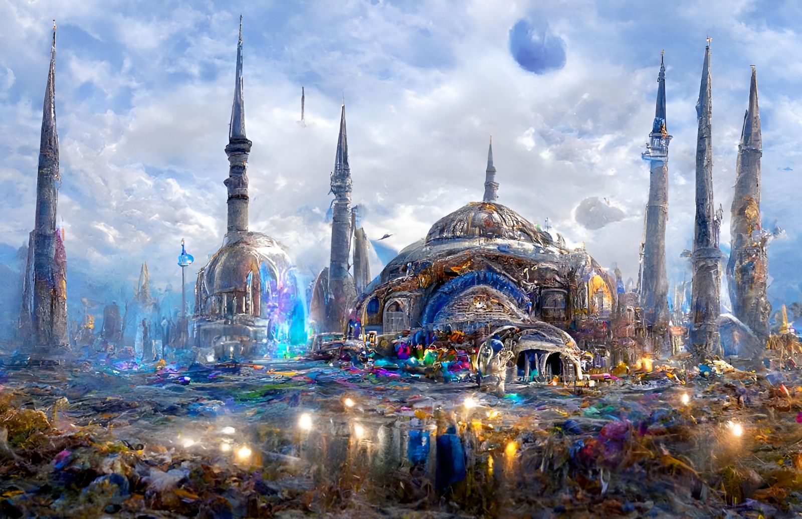 Futuristic Galactic Blue Mosque in Hyperdetailed Digital Art