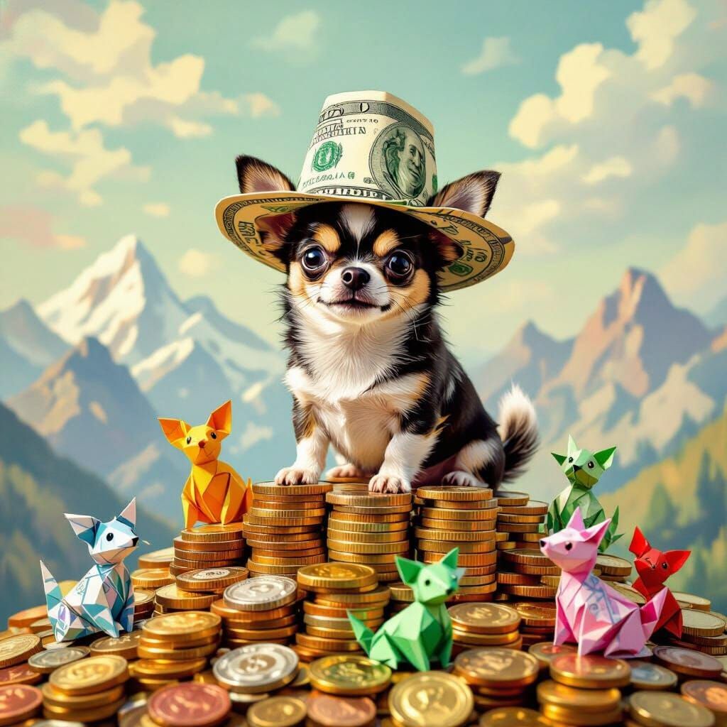 Chihuahua in Dollar Bill Hat on Coin Mountain