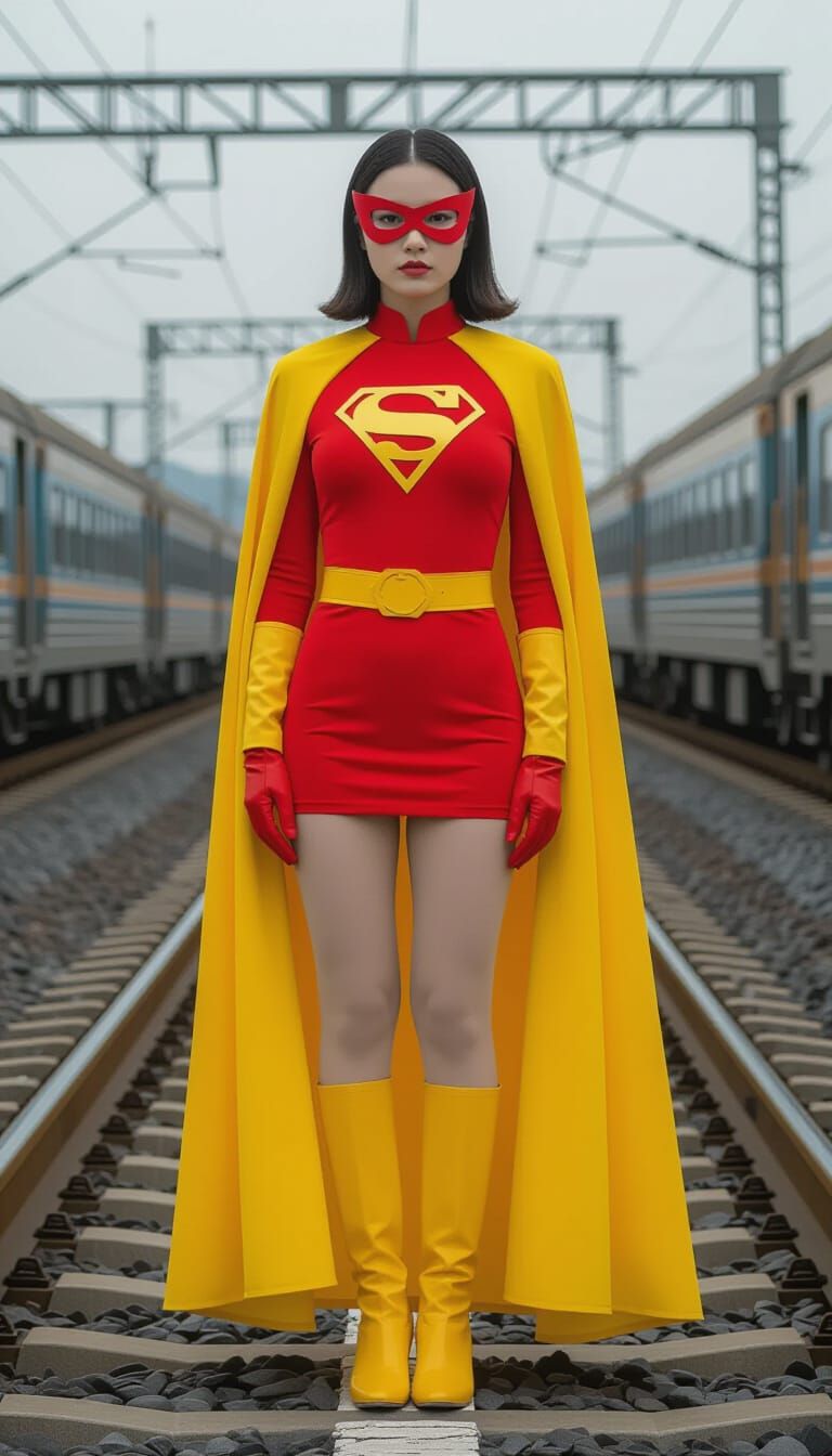 Female Chairwoman in Red Bodysuit by Railway