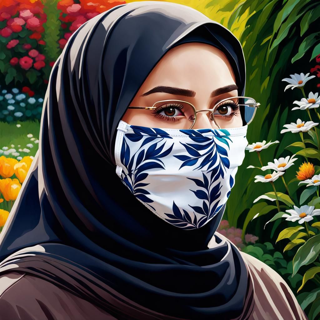 Confident Hijabi Woman in Garden, Oil Painting Style