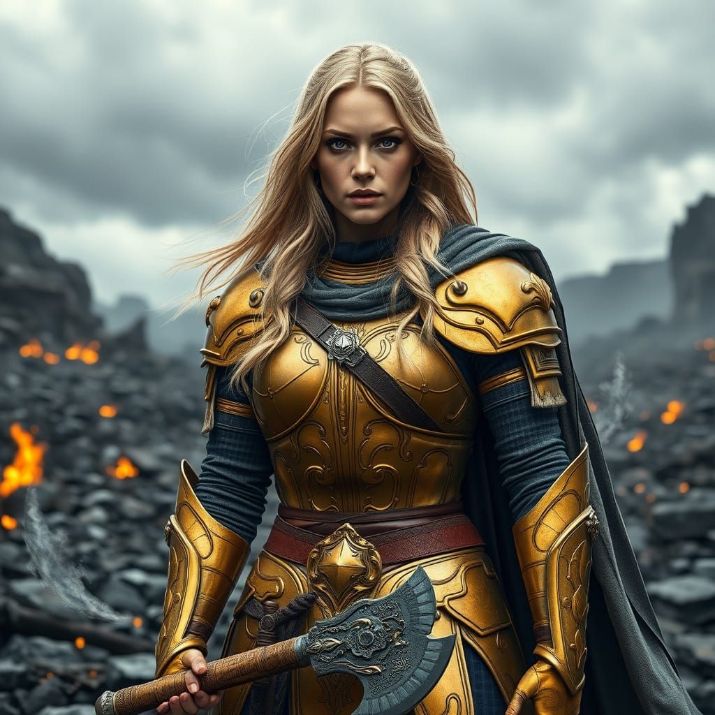 Warrior Woman in Golden Armor with Battle Axe