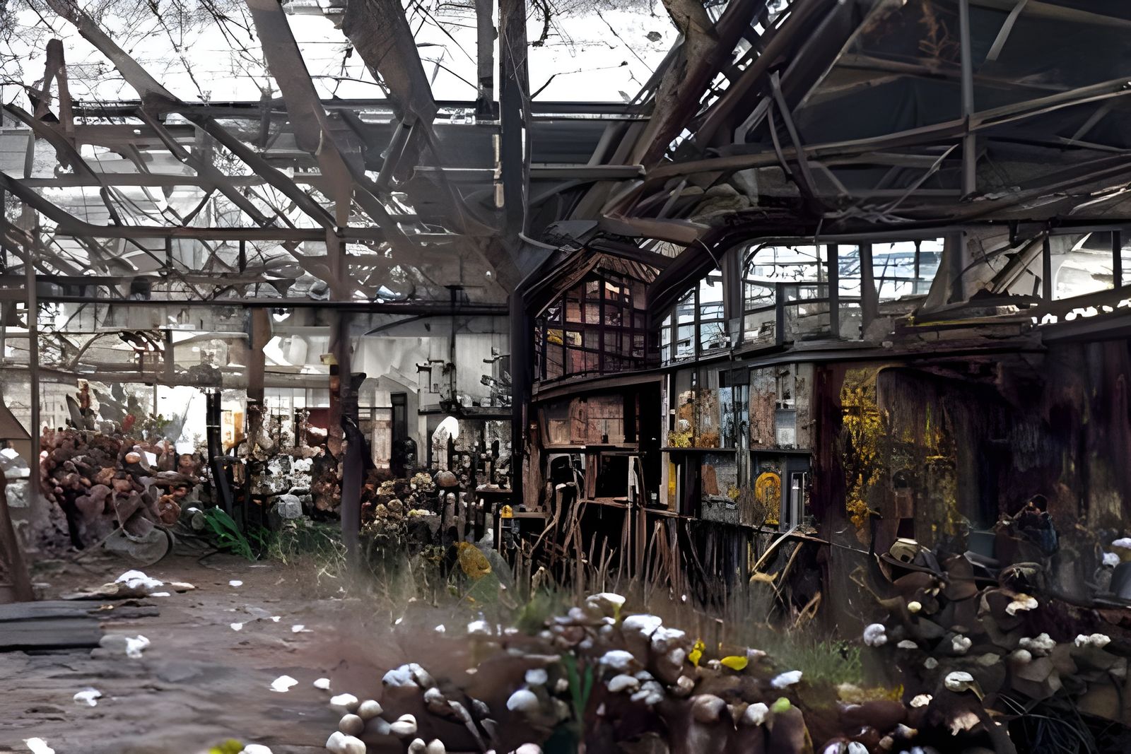 Creepy Owl Demons in Derelict Factory Interior