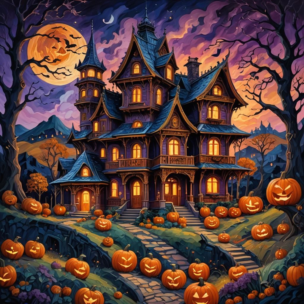 Ornate Home Aglow on Halloween Night as Expressionist Oil Pa...