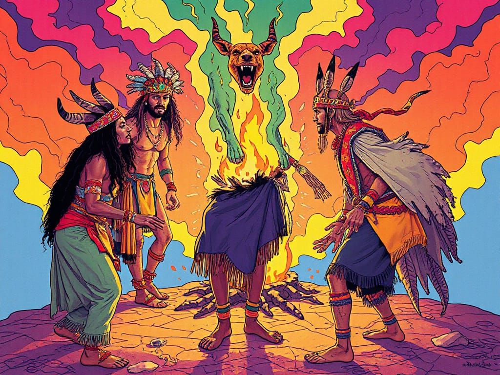Psychedelic Shamans Dancing in a Fiery Haze