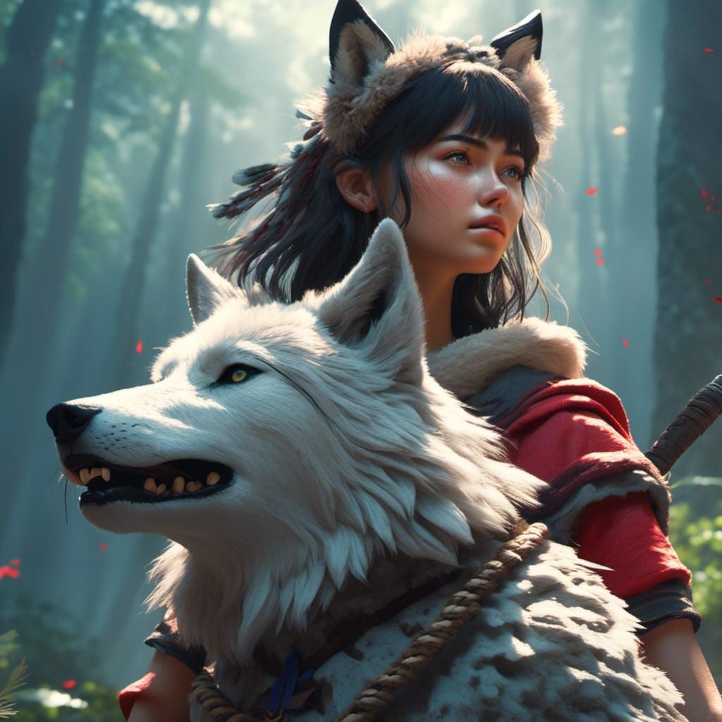 Princess Mononoke Woman with Wolf, 3D Anime Art