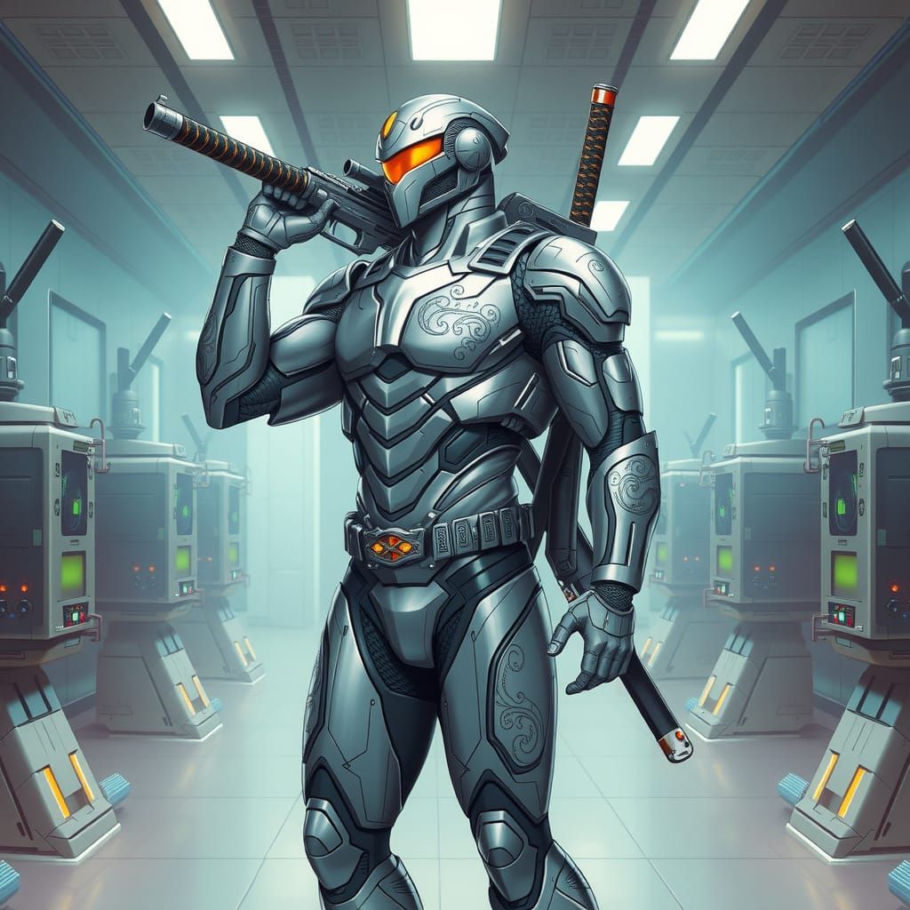 Super Soldier in Grey Silver Power Suit with Jet Pack