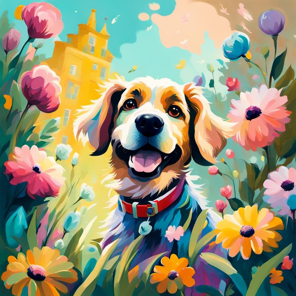 Dog with Flowers in Impressionist Street Art Style