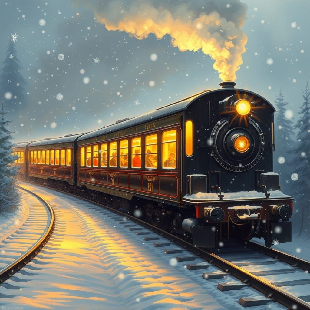 Glowing Vintage Train in Snowy Winter Landscape Painting