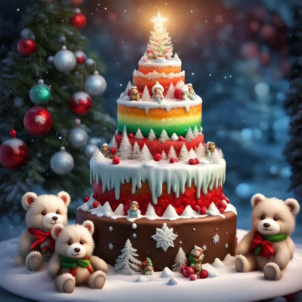 Christmas Tree Cake with Roses and Chocolate Figures