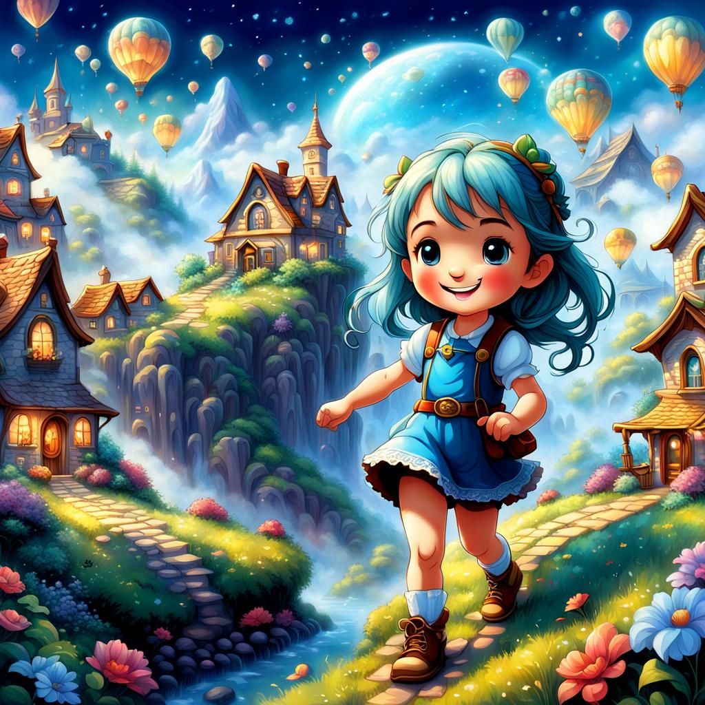 Chibi Character with Ethereal Fantasy Landscape