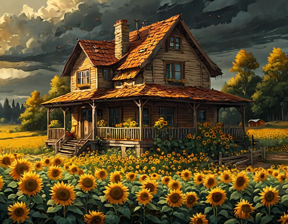 Sunflower Field House: Cartoon Digital Painting