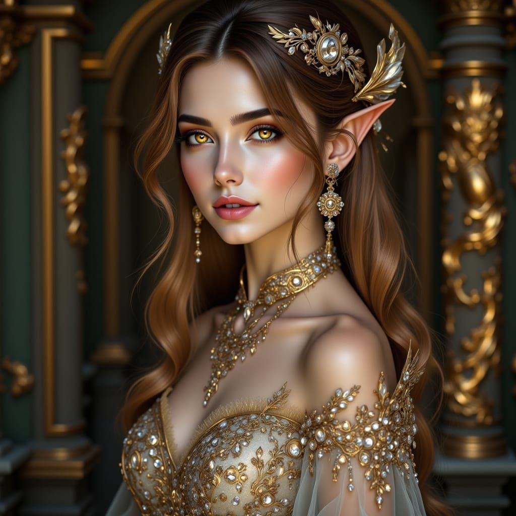Elf Woman Portrait with Golden Eyes and Brown Hair