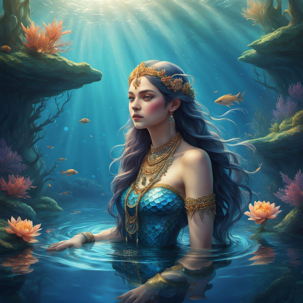 Enchanting Naiad Sits Amidst Vibrant Aquatic Life